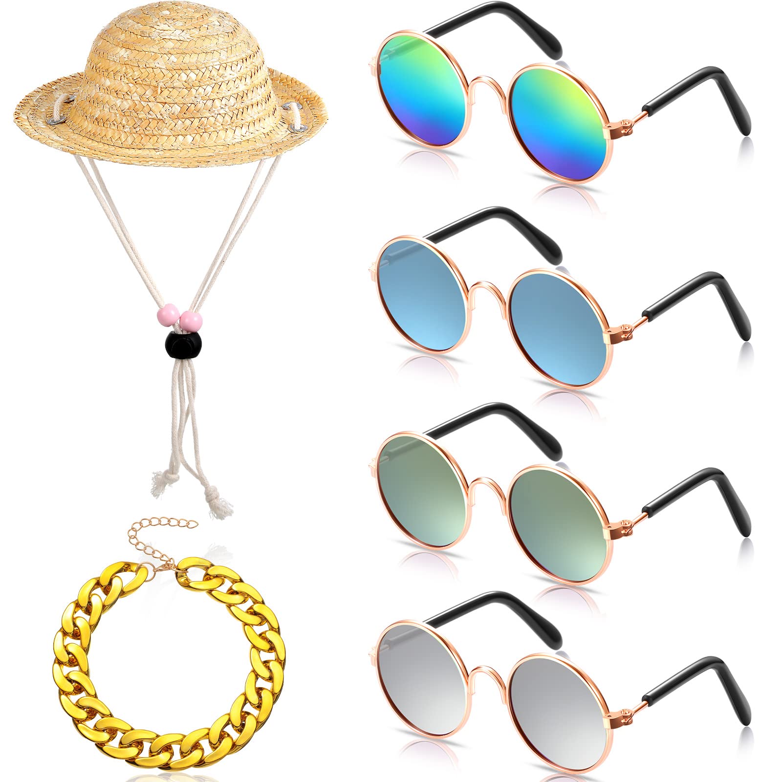 6 Pieces Pet Dog Cat Costume Pet Sunglasses and Summer Pet Straw Hat with Faux Gold Chain Collar Classic Funny Pet Accessories for Pet Cat Puppy Small Medium Dog (Cool StyleStylish Colors)
